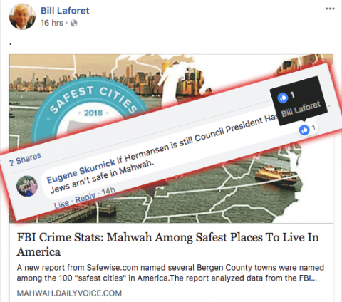 Mayor Bill Laforet "Likes" a comment on his page that expresses vitriol against his own town